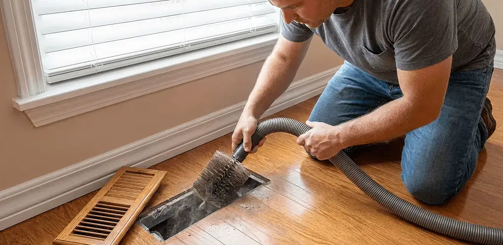 Air duct cleaning technician vacuuming a floor vent and duct opening in Louisville, KY