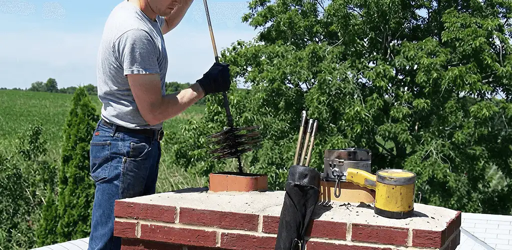 Chimney cleaning technician working on a rooftop chimney with professional tools in Louisville, KY