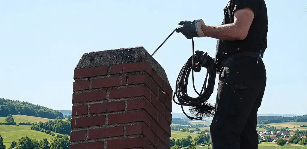 Chimney sweep inspecting and cleaning a rooftop chimney in Louisville, KY