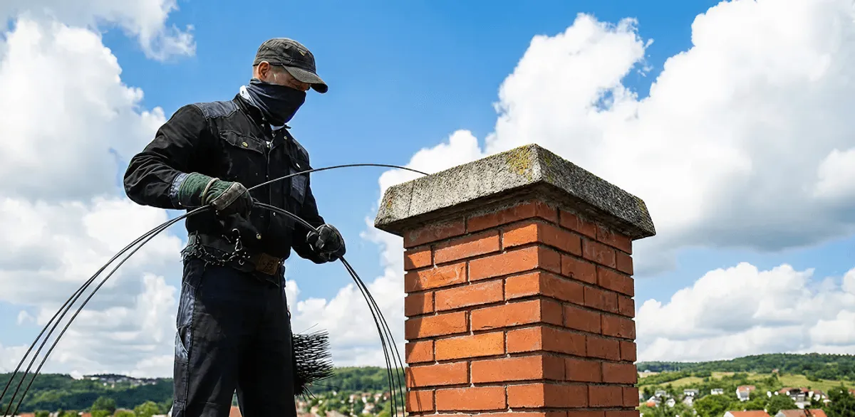 Chimney sweep cleaning a brick chimney with professional tools in Louisville, KY