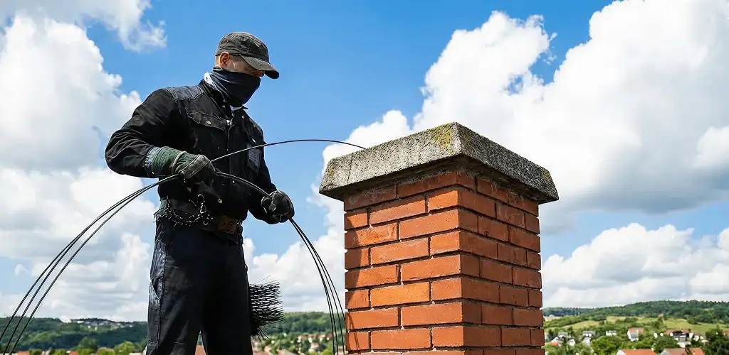 Chimney sweep cleaning a brick chimney with professional tools in Louisville, KY