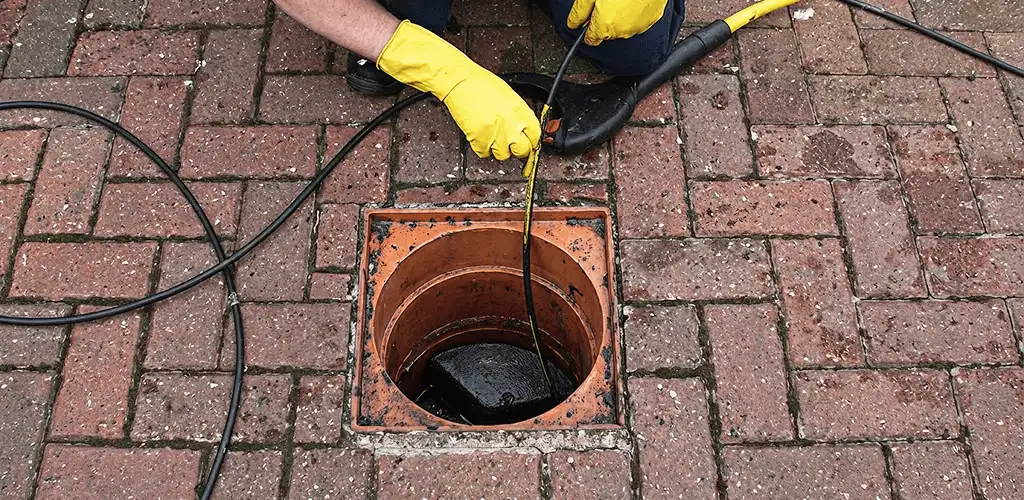 Drain cleaning technician using a drain snake to clear a clogged drain in Louisville, KY
