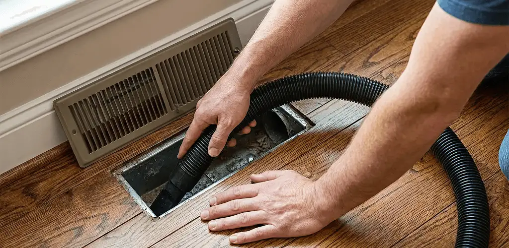 Air duct cleaning technician vacuuming a floor register and duct opening in Louisville, KY