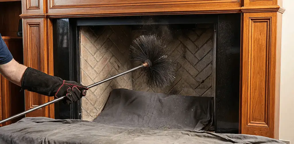 Chimney cleaning service brushing soot from a fireplace and flue in Louisville, KY