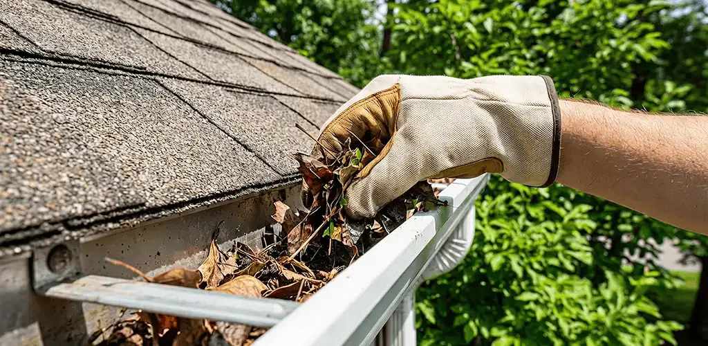 Gutter cleaning removing leaves and debris from roof gutters in Louisville, KY