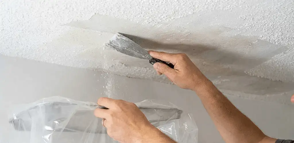 Popcorn ceiling removal technician scraping texture from a ceiling in Louisville, KY