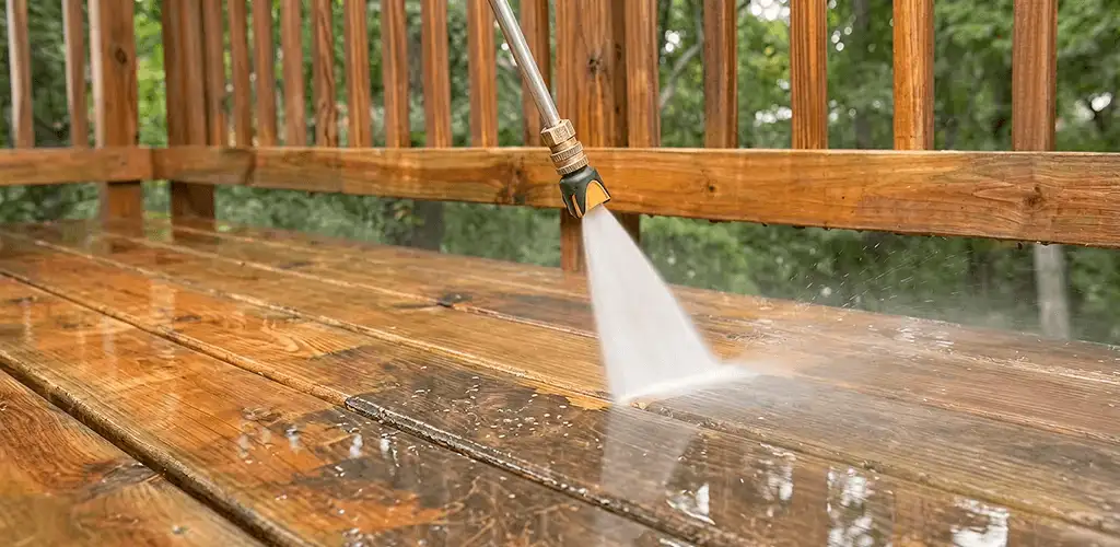 Pressure washing a wood deck to remove dirt and buildup in Louisville, KY