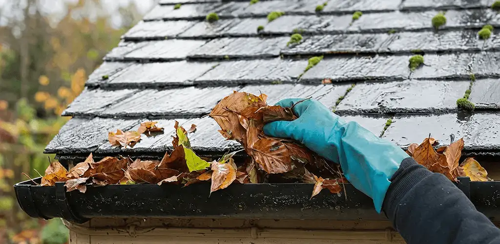 Gutter cleaning technician clearing wet leaves from roof gutters in Louisville, KY
