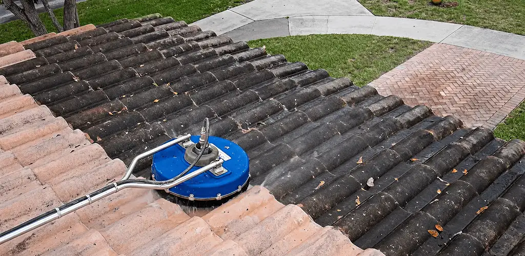 Roof pressure cleaning removing debris and buildup from roof tiles in Louisville, KY