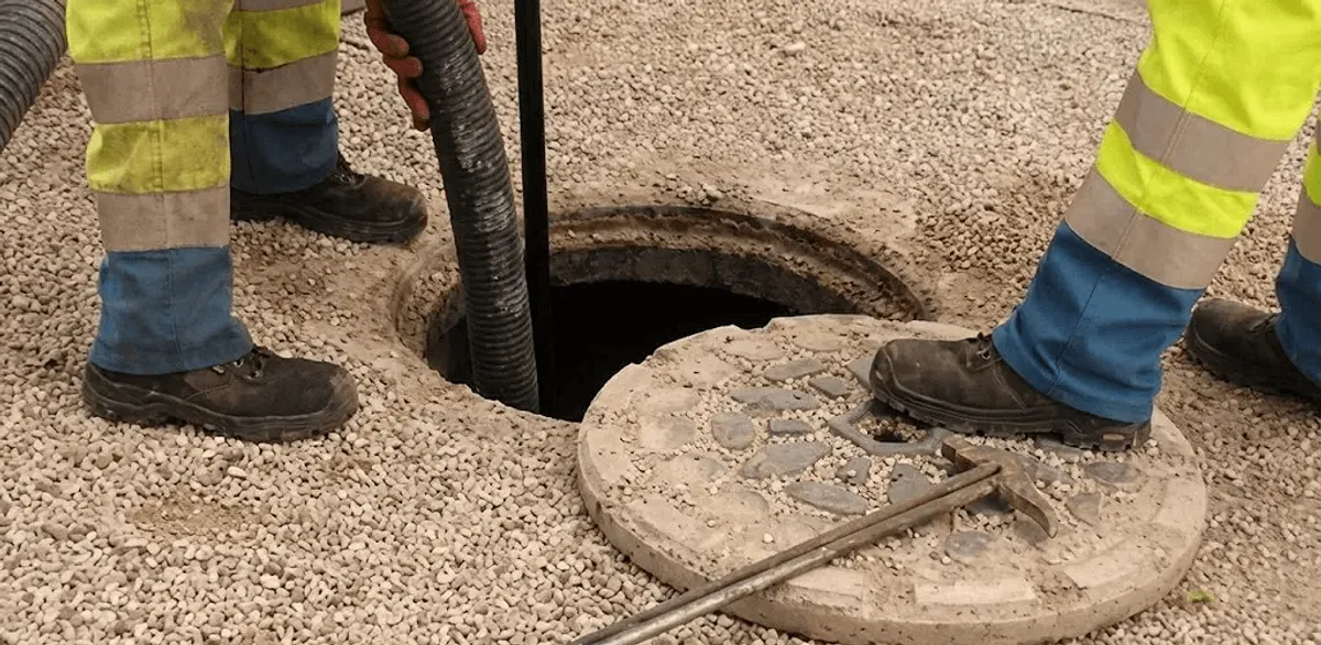 Drain cleaning crew clearing a sewer access point with professional equipment in Louisville, KY