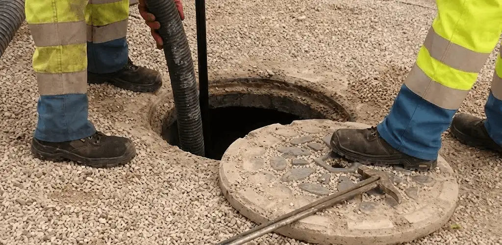 Drain cleaning crew clearing a sewer access point with professional equipment in Louisville, KY