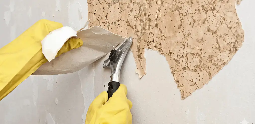 Wallpaper removal service stripping old wallpaper from a wall in Louisville, KY